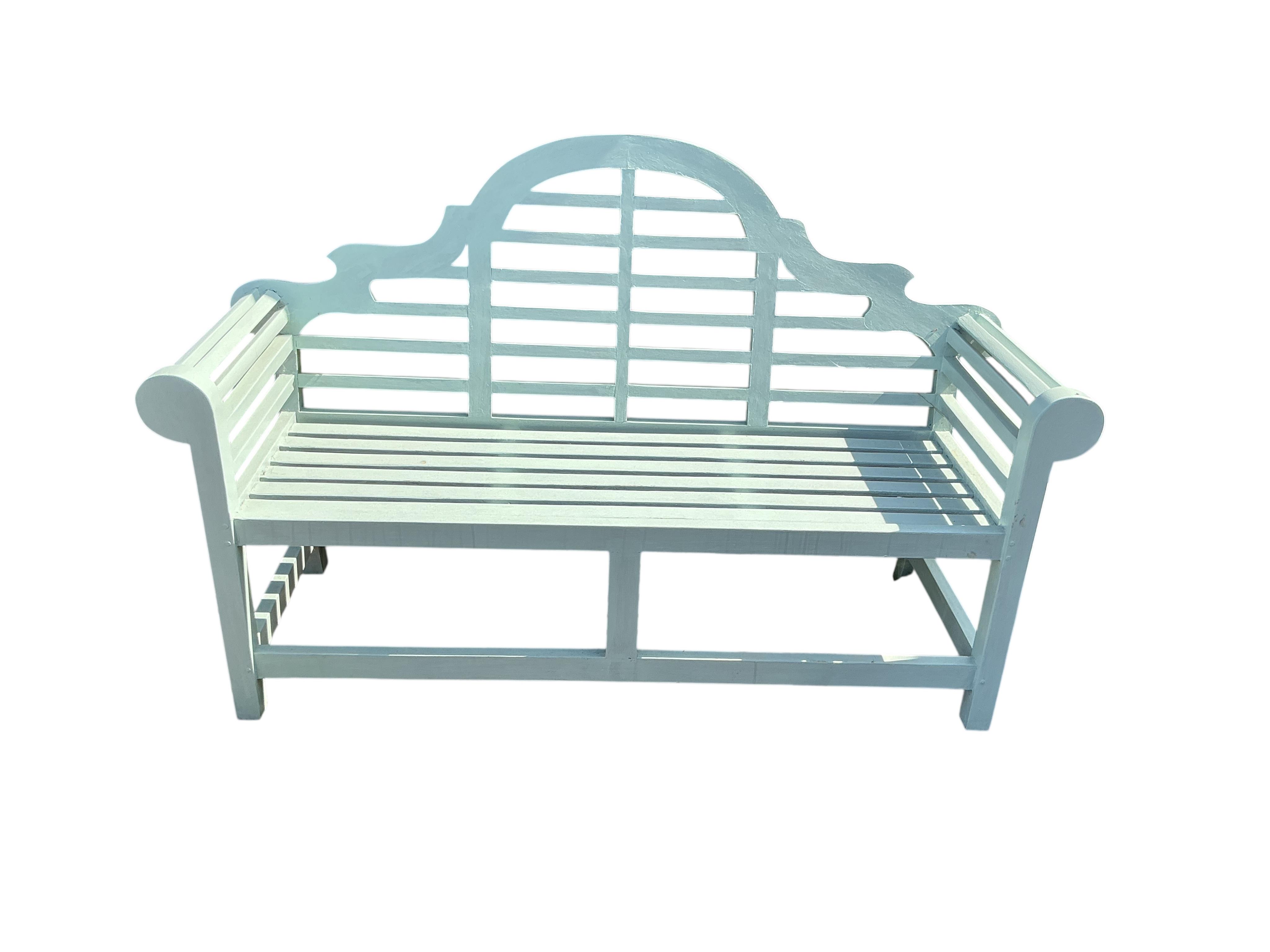 A Lutyens style teak garden bench, later painted, width 168cm, depth 52cm, height 105cm